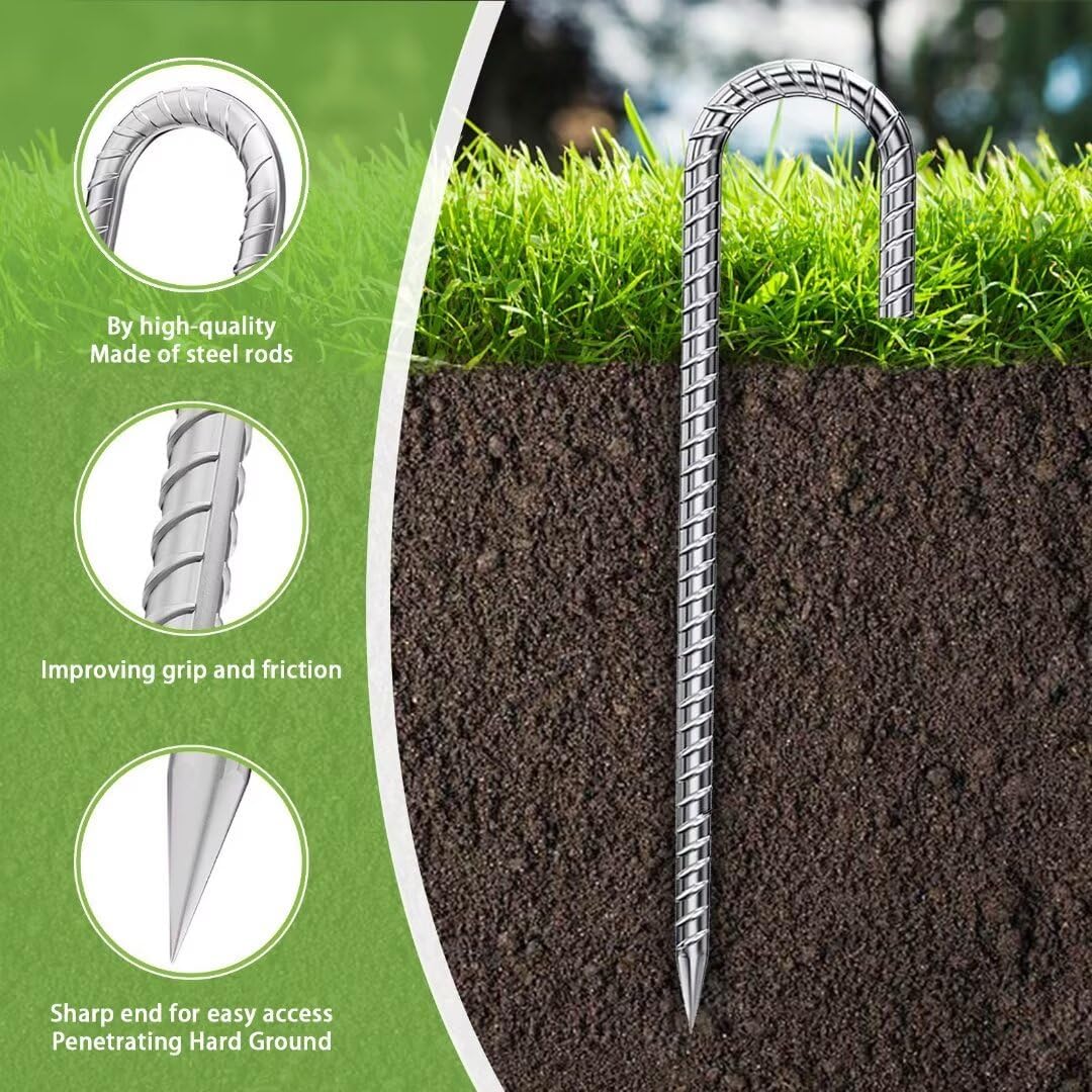 J-Hook-Rebar-Stakes-12-Inch-16-Pack, Ground Stakes Heavy Duty for High Winds Galvanized Anti-Rust Metal Stakes for Ground Heavy Duty Ground Anchors for Garden Dog Fence Chicken Coop Water Pipe
