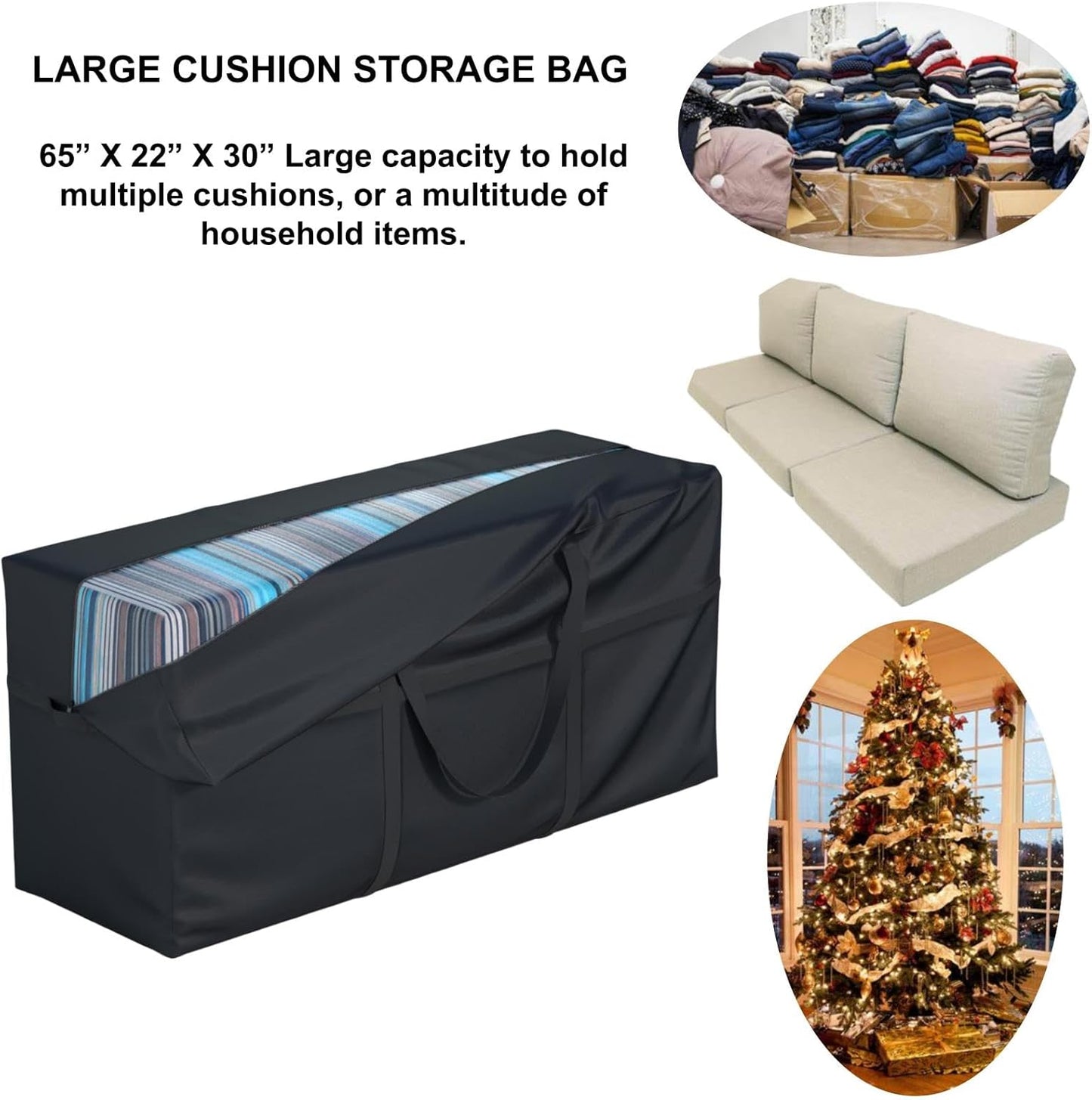 Heavy Duty 600D Waterproof Extra Large Outdoor Patio Cushion Furniture Storage Bag with Handles, Zipper for Patio Furniture and Other Storage Items L 65“ x W 22” x H 30”