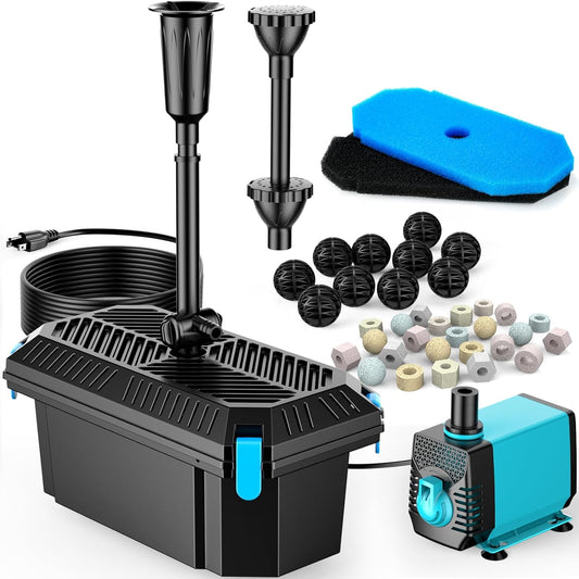POPOSOAP Pond Filter with Pump Fountain Kits, 660GPH Pond Filter with 40W Pond Pump & Fountain Kit, Koi Pond Filters for Outdoor Ponds Clean, Clear, and Add Water Features(Corded Electric)