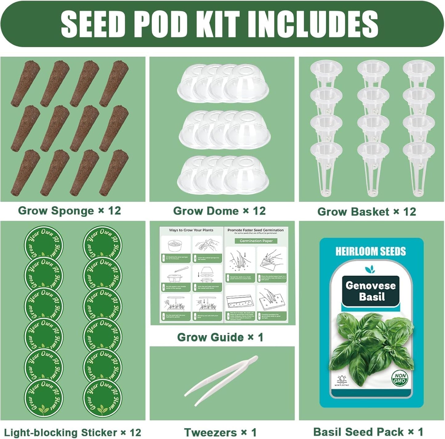 Basil Seed Pods for All Hydroponics Growing Systems, 12 Pods Herb Kit with 200+ Seeds of Genovese Basil, Grow Your Own Herb Garden at Home
