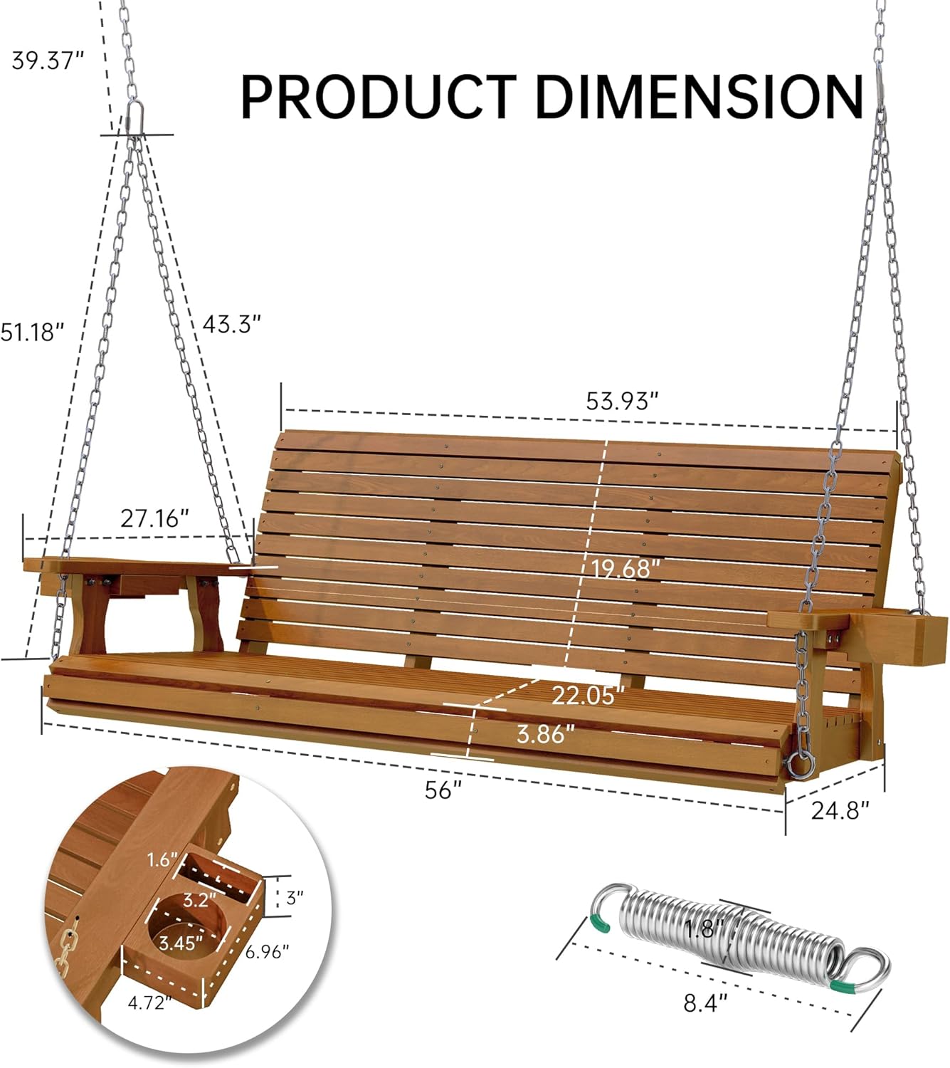Wooden Outdoor Porch Swings, 3 Seater Front Porch Swing with Upgraded 22" Deep Seat, Heavy Duty 880 Lbs Swing Bench Chair for for Patio, Backyard, Garden (Teak Tone, 5 FT)
