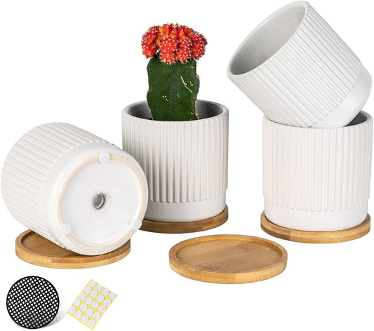 AOMRYOM 4.25 Inch Small Ceramic Plant Pots with Drainage Holes and Trays, Garden Flower Pots for Indoor Outdoor Plants, Succulents, Cactus and Herbs, White Stripe, Set of 4 (Plant Not Included)