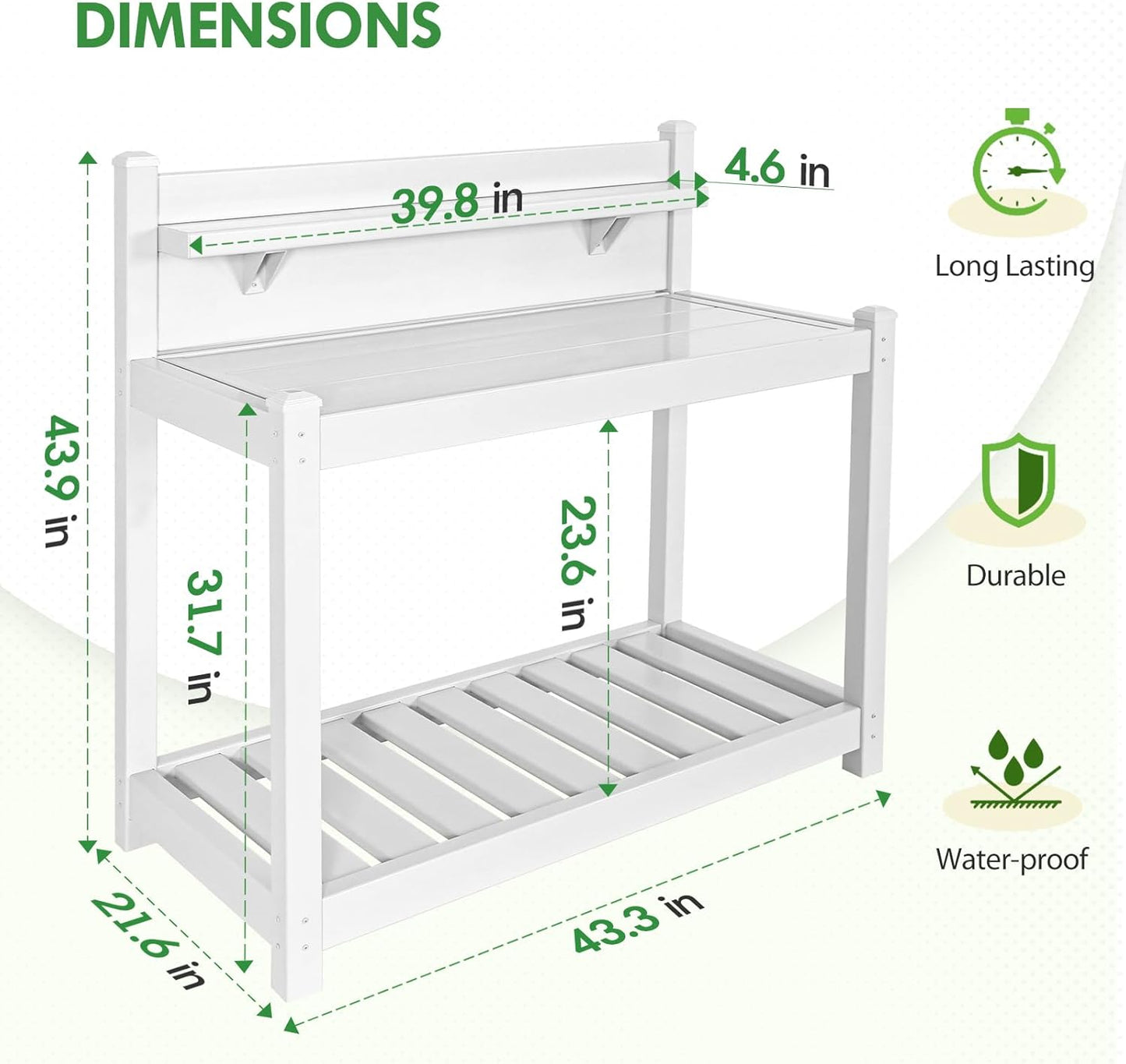 EAGLE PEAK Outdoor Indoor Maintenance Free Vinyl Garden Potting Bench, Waterproof Potting Table with Open Shelf, Lower Storage, 40inx21.6inx43.9in, White