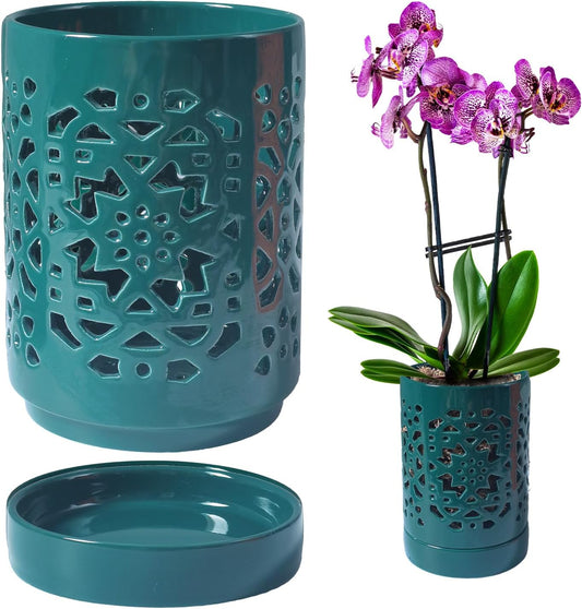 Orchid Pot 4 Inch, Orchid Pots with Holes & Saucers for Repotting, Breathable Slotted Orchid Pots Flower Plant Nursery Pot Green