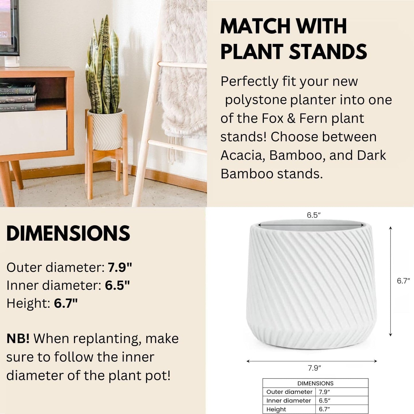 Fox & Fern 8 Inch Plant Pot with Drainage Plug — Premium Polystone White Plant Pot; Modern Planter with 3D Texture and Ceramic Finish; 8 Inch Pots for Plants Indoor & Outdoor; Lightweight