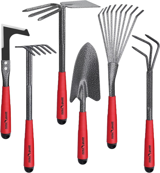 FLORA GUARD Garden Tool Set， 6 Piece Heavy Duty, Large Size Gardening Hand Tools, Sturdy & Durable, Classic Utility Gardening Gift for Men and Women