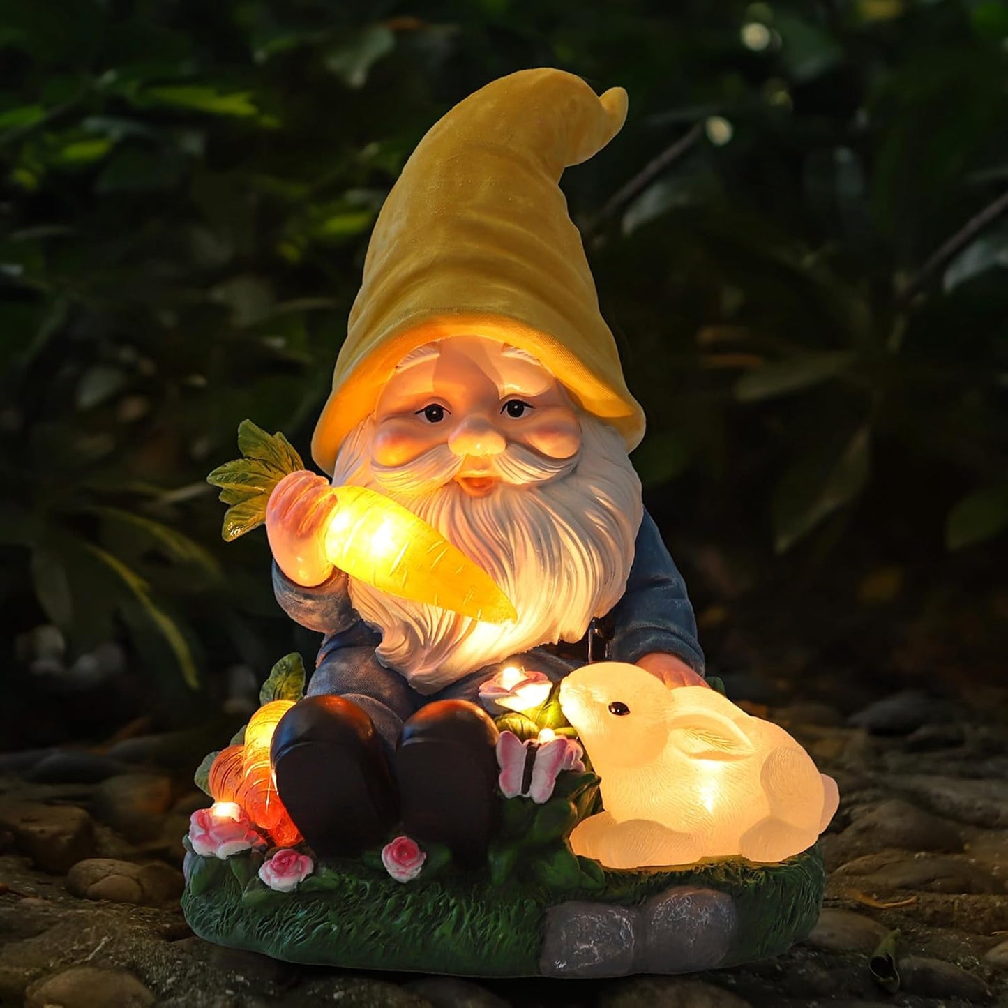 Solar Garden Outdoor Statues Gnome Feeding Rabbit with 6 LED Solar Figurine for Lawn,Patio,Balcony,Yard Decor Unique Housewarming Gift, for Grandfather, Father,Grandma