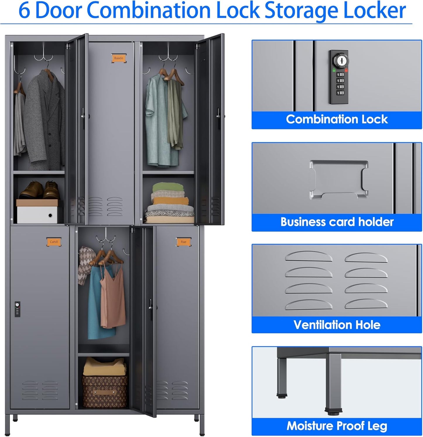 Metal Locker for Employees with Combination Locks,Metal Lockers with Business Card Holder and 18 Hooks for School Garage Office Gym Home,Assembly Required,Dark Grey
