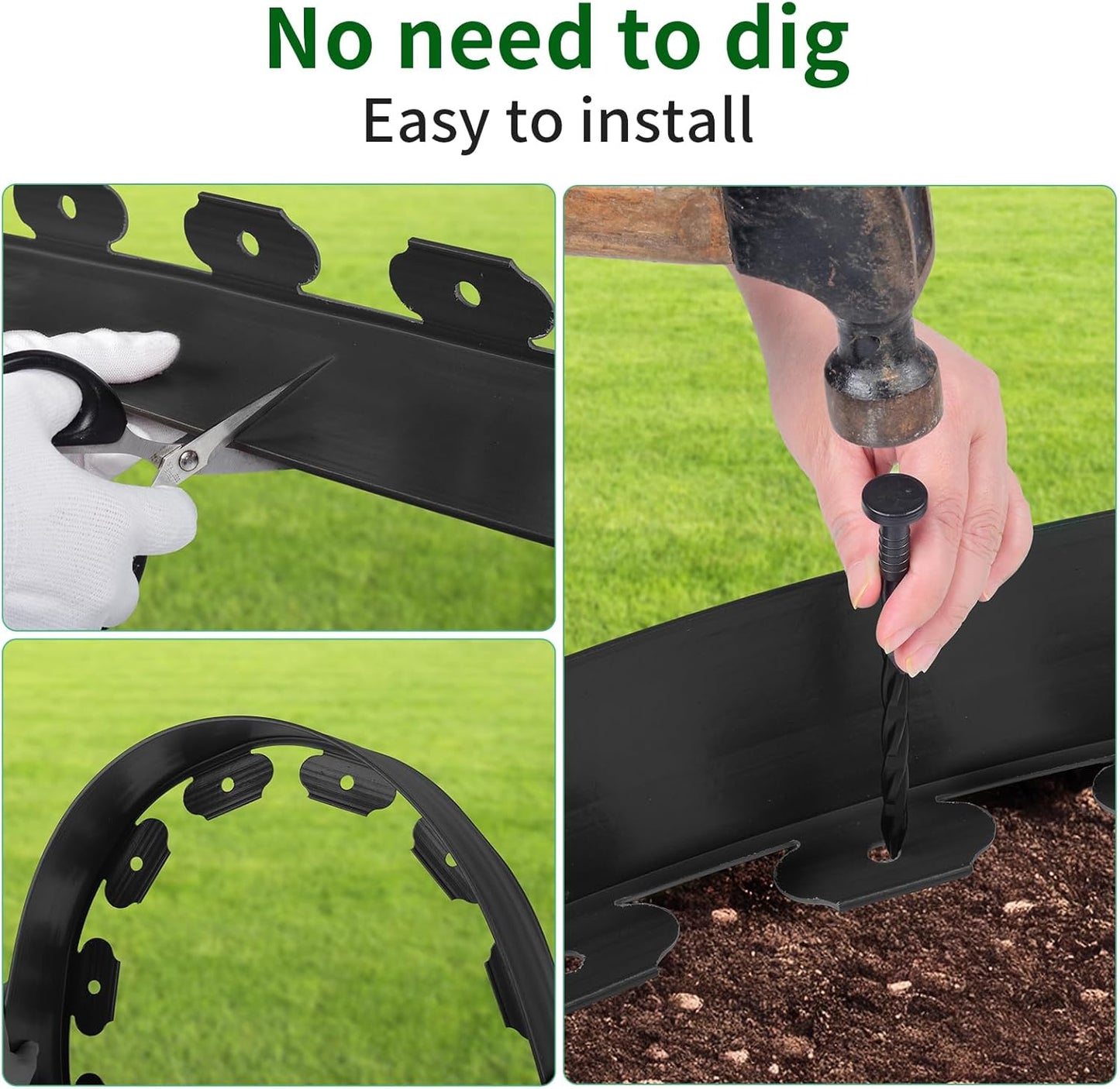 2 in x 60 Ft Garden Landscape Edging, No Dig Garden Edging Border Kit with Spikes for Flower Bed Lawn Yard Grass Black