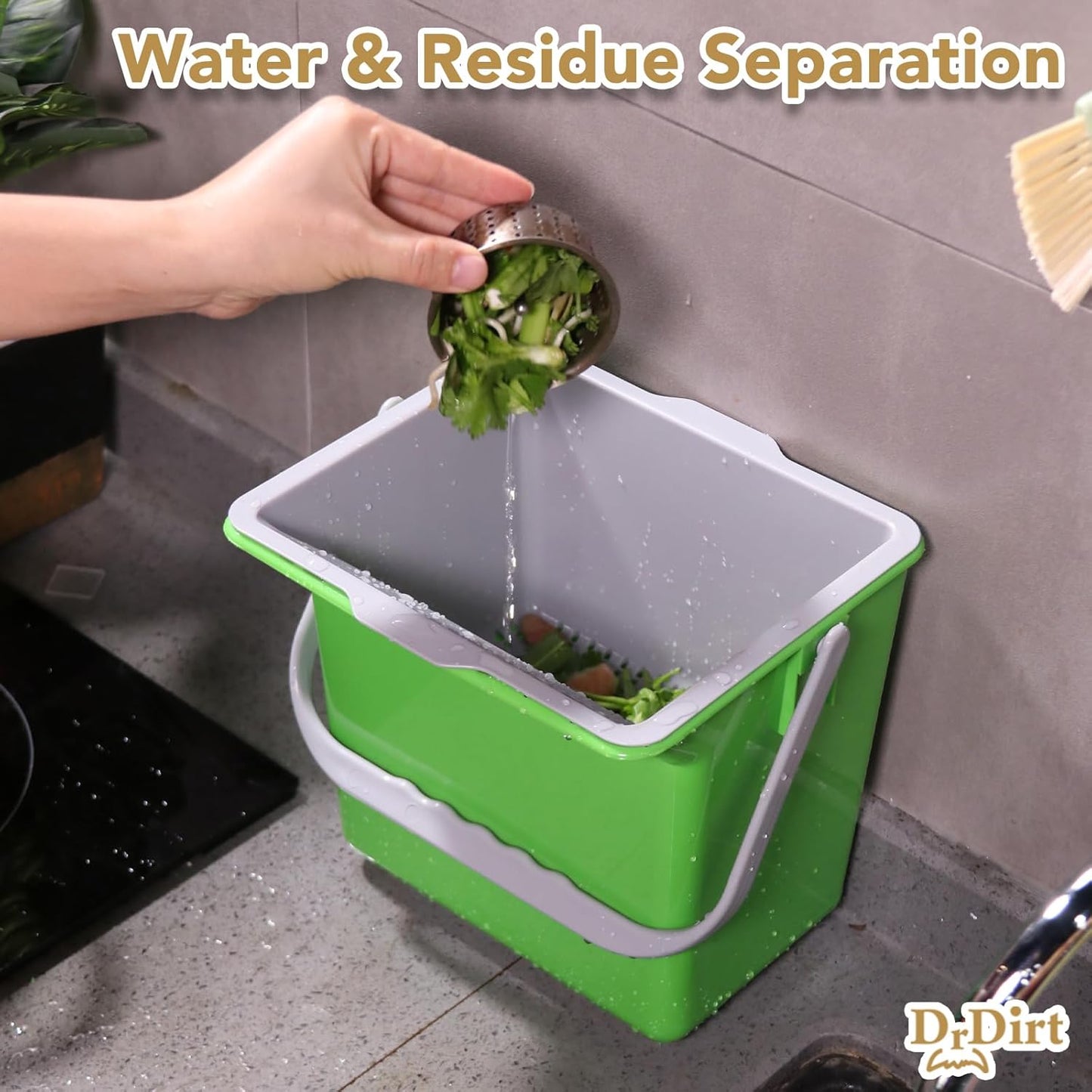 DrDirt Kitchen Compost Bin, 6L / 1.58 Gal Kitchen Compost Bin Countertop with Inner Sieve for Liquid Separation, Odor-Control, Easy to Clean, for Cooking Family and Home Parties, Yellow