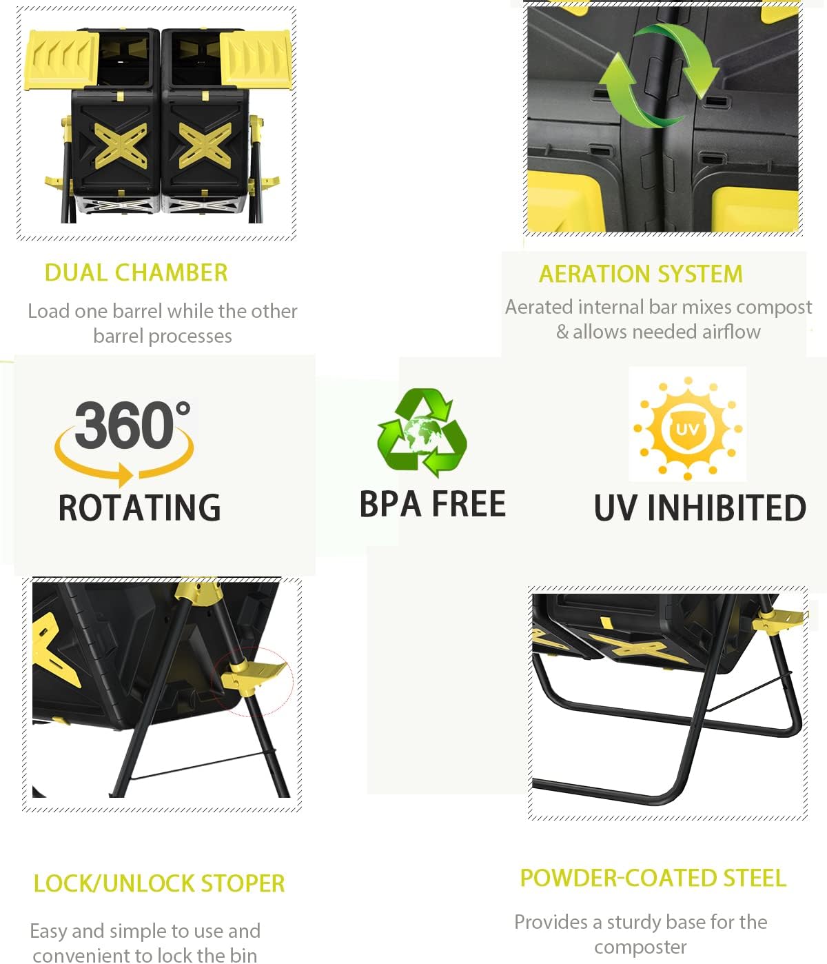 Compost Bin Outdoor - 2 X 18.5 Gal Dual Chamber Compost Tumbler,BPA Free Outdoor Rotating Composter with Easy-Turn, Fast-Working System