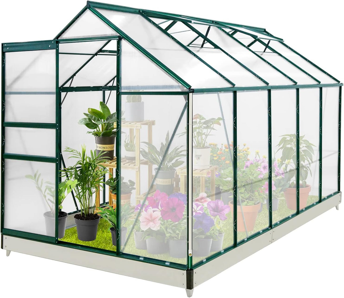 EAGLE PEAK 10x6x7 Outdoor Walk-in Hobby Greenhouse with Adjustable Roof Vent and Rain Gutter, Base and Anchor, Polycarbonate Aluminum Green House for Backyard Garden, Dark Green