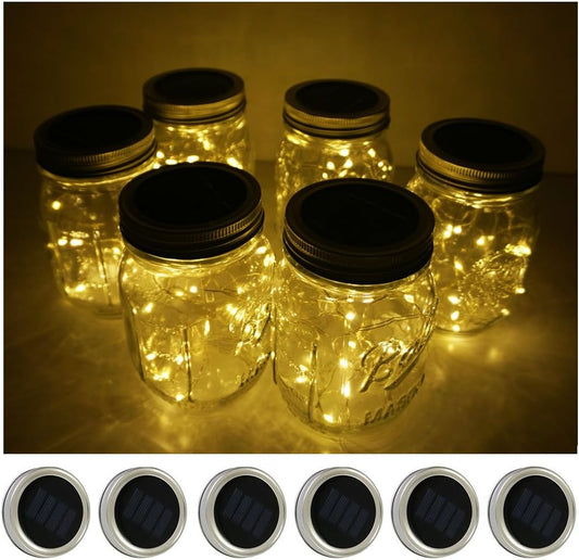Decorman Solar Mason Jar Lid Lights, 6 Pack 10 LED Waterproof String Fairy Star Firefly Jar Lids Lights for Patio Garden Yard Lawn Party Wedding Christmas Decoration(Jars & Hangers Not Included)