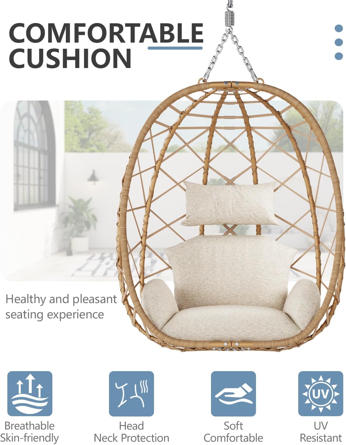 SWITTE Egg Swing Chair with Stand, Outdoor Patio Hanging Egg Chair, Indoor Hammock Chair with Cushion for Garden Backyard, 400LBS Capacity-Beige