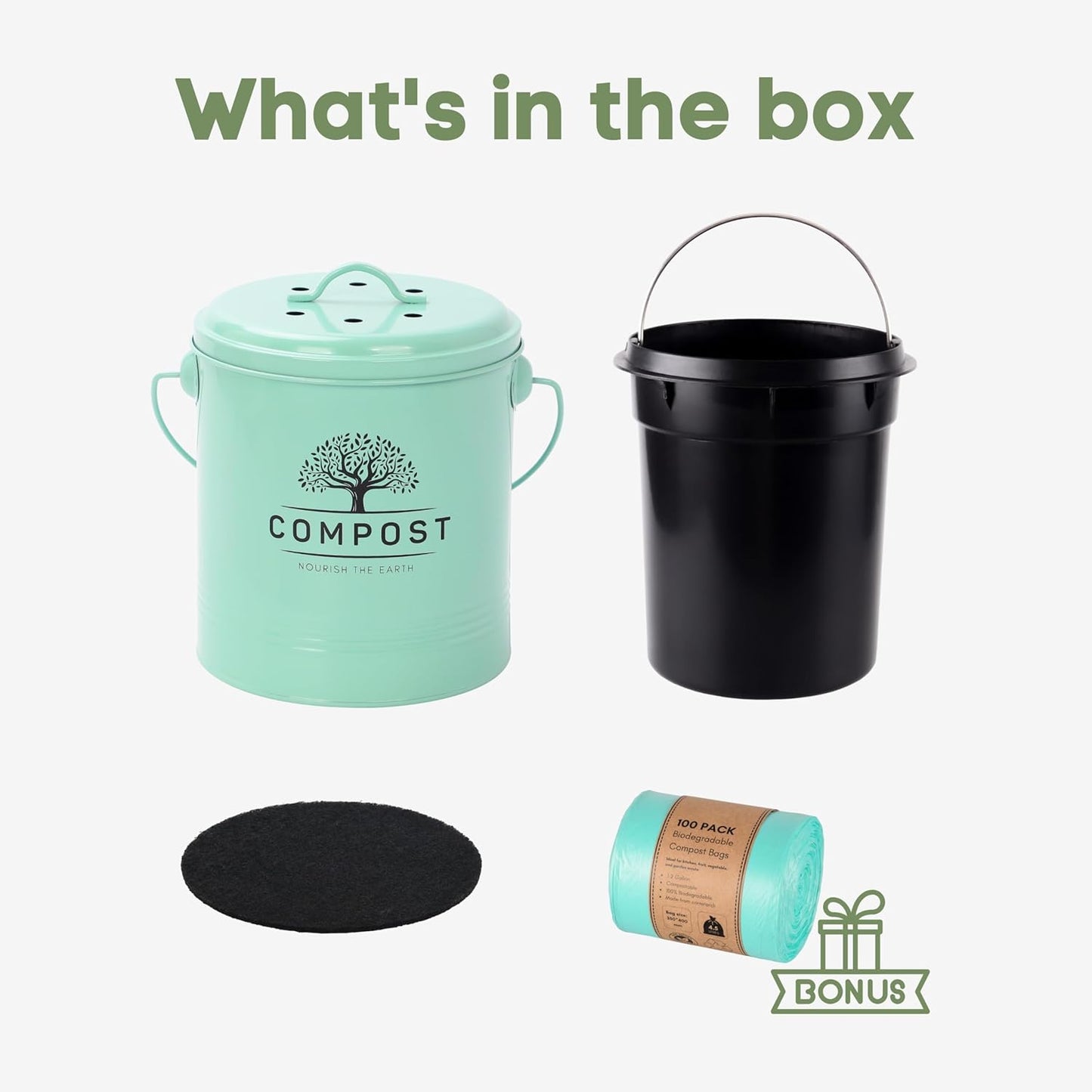 Perfnique Kitchen Compost Bin, 1.3 Gallon Countertop Compost Bin with Lid, Indoor Compost Bucket Includes Inner Bucket Liner and Carbon Filter, Small Compost Bin with Trash Bags (with Bags, Mint)