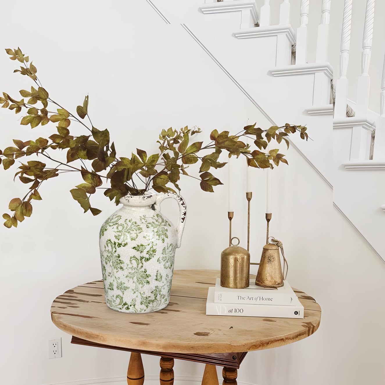 Ceramic Rustic Farmhouse Vase, 9 inch Ceramic Green and White Vase for Centerpieces Pampas Grass Pottery Jug with Handle Boho Chinoiserie Decor Vintage Vases for Living Room Kitchen Dinner Table Shelf