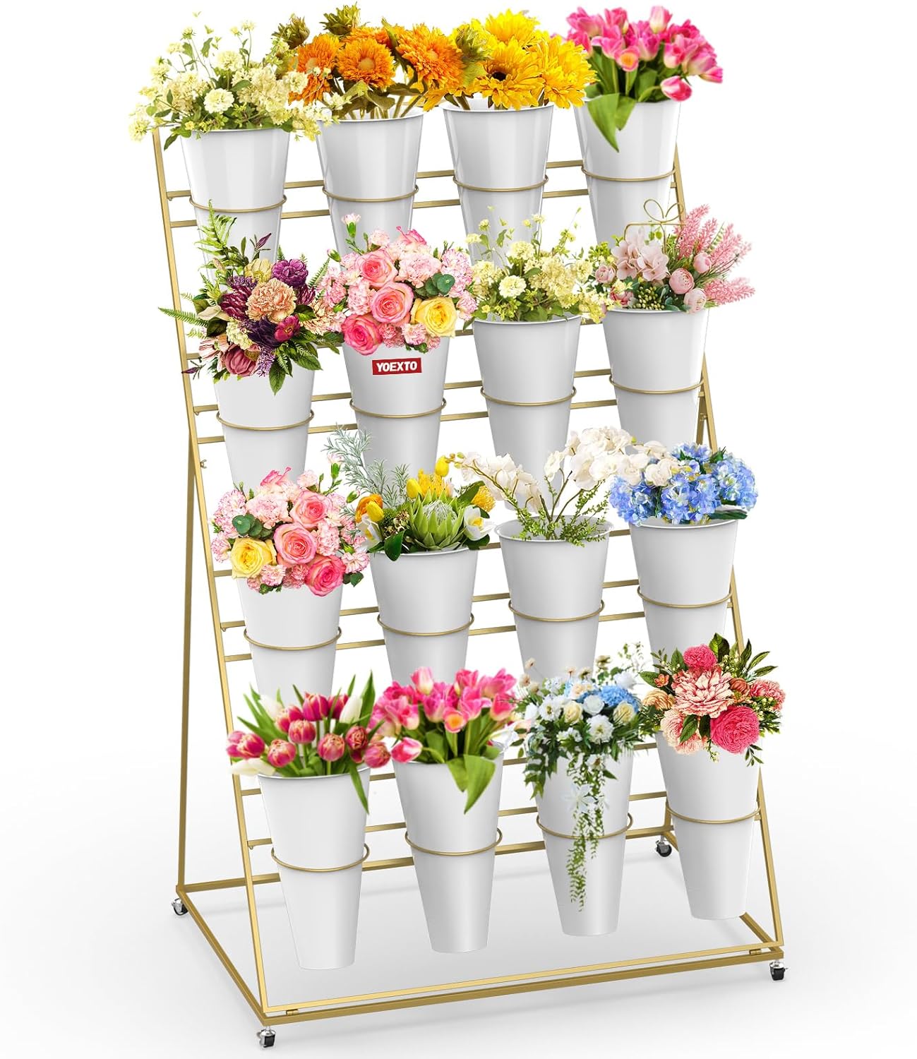 Flower Display Stand 4 Layers with 16 PCS Round Buckets, Plant Stand with Wheels, Movable Metal Plant Stand for Terrace Garden, Florist Shop (Gold Frame, White Buckets, 4-Tier, 16 Buckets)