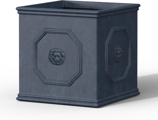 Kante Square Lion Head Concrete Planter, Classic English Style Plant Pot with Drainage Hole and Rubber Plug for Indoor Outdoor Garden Patio Home, 10.2"x10.2"x 10.2",Gravel Gray