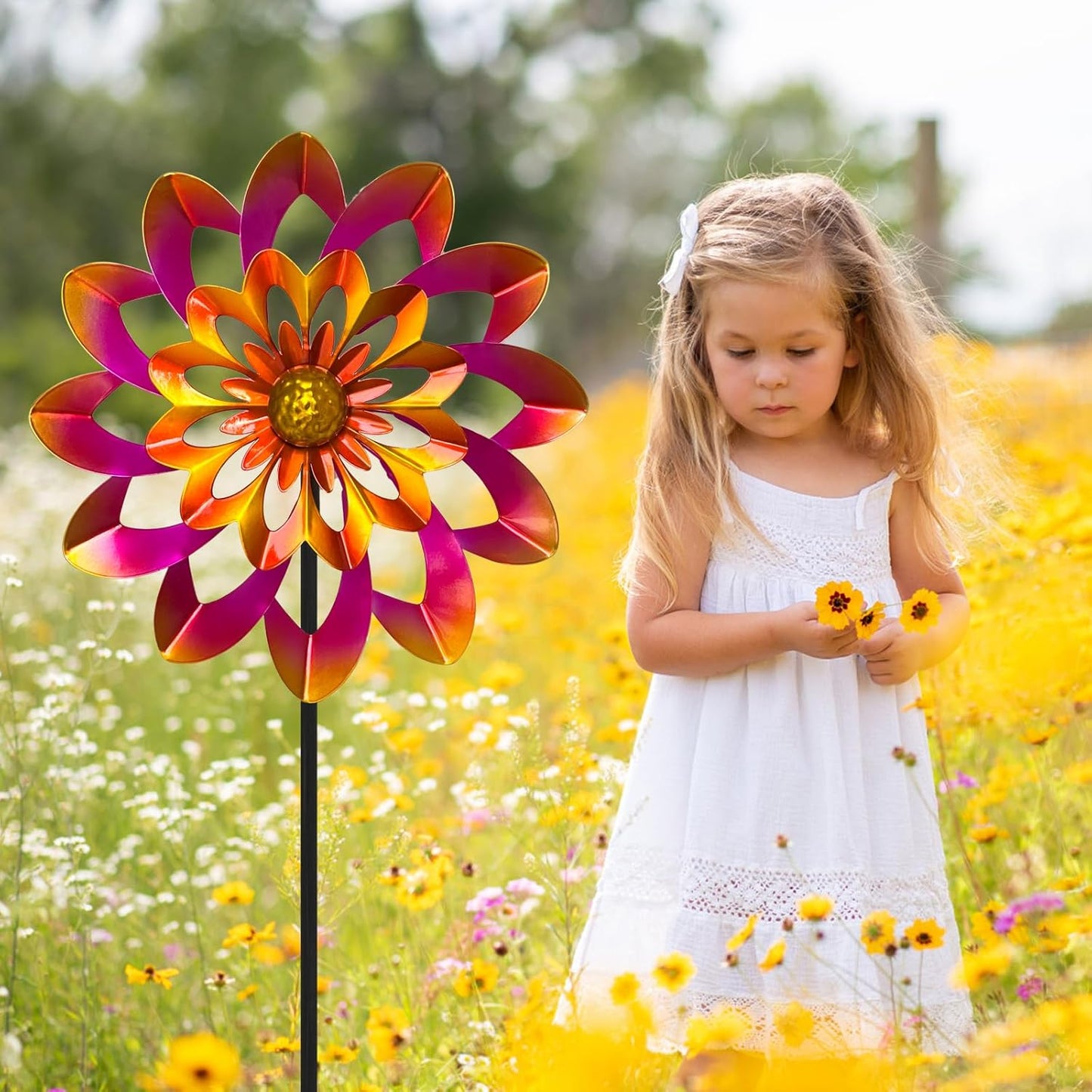 45" Gerbera Wind Spinners for Yard and Garden, Golden Balls Kinetic Wind Spinner Outdoor Decor, Wind Sculpture Yard Art Decorations for Patio, Lawn & Garden