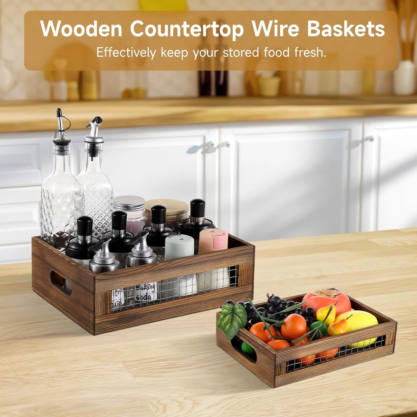 4 Pcs Wooden Nesting Countertop Baskets, 4-Size Rustic Storage Boxes, Wood Wire Containers with Handles, Multipurpose Decorative Organizer Crates for Fruits, Veggies, Kitchen, Pantry