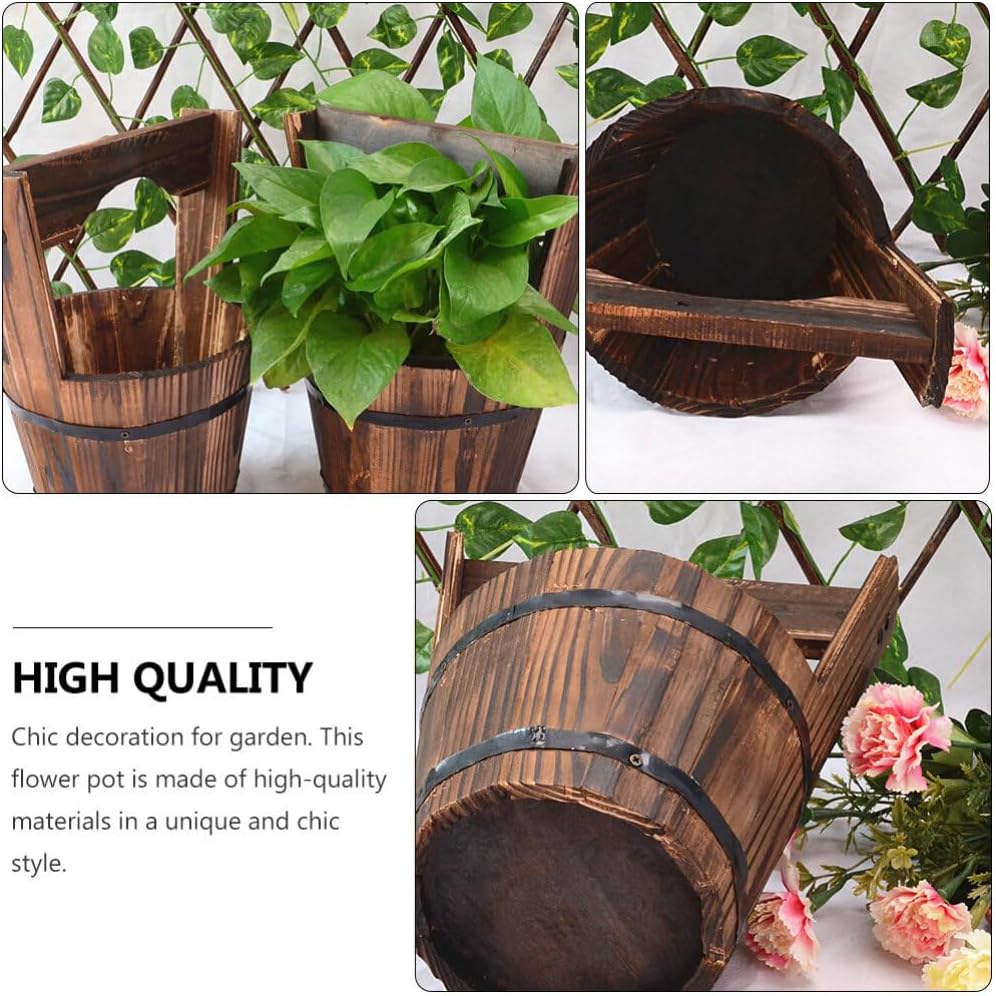 HANABASS Wooden Bucket Barrel Rustic Patio Pots Water Wishing Well Pail Vintage Style Primitive Planter Container for Garden Home Patio Backyard, 10.6x9.0 inch