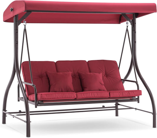 MCombo 3-Seat Outdoor Patio Swing Chair, 2-in-1 Convertible Porch Swing Glider Chair with Removable Cushions, Adjustable Canopy & Pillows for Backyard, Deck, Garden, 4068 (Burgundy)