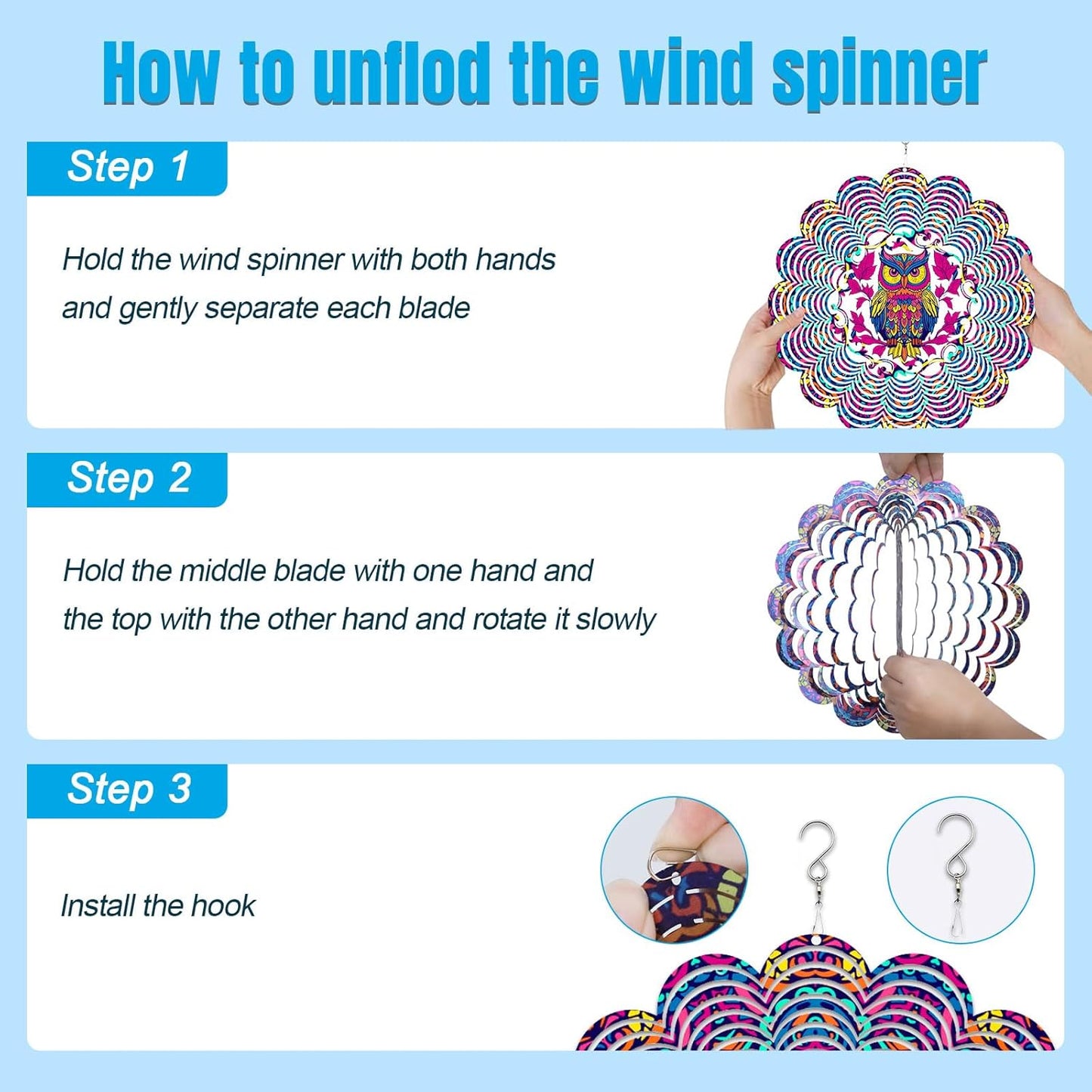 Wind Spinners Outdoor, Owl Metal 3D Hanging Garden Decor, 12-inch Stainless Steel Wind Spinner with Tail Spinner, Wind Sculptures for Patio Lawn Yard, Ornament Gift for Women/Men