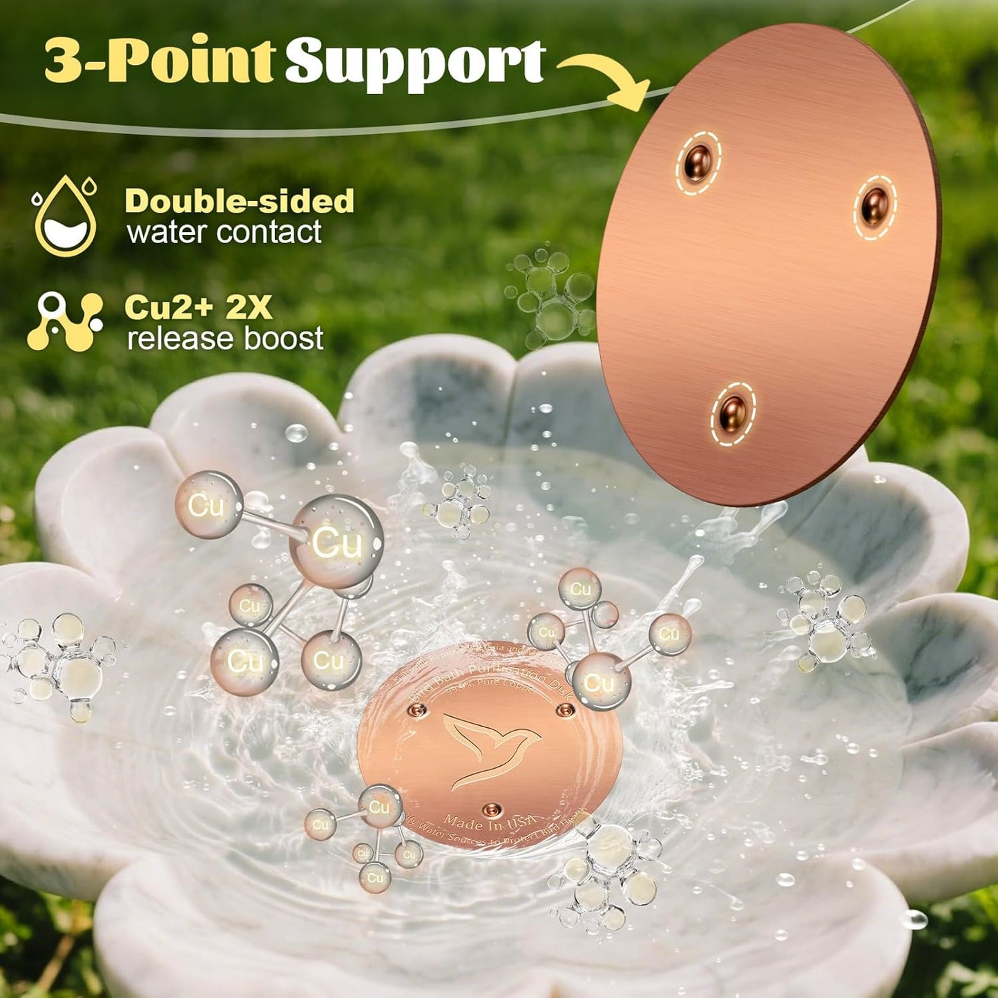 3PCS Bird Bath Copper Disk,1mm Thick Reinforced 99.99% Pure Copper Disc with Triple-Point Support,Bird Bath Accessories for Outside Birdbaths Bowls Physical Safe Water Cleaner for All-Season Use