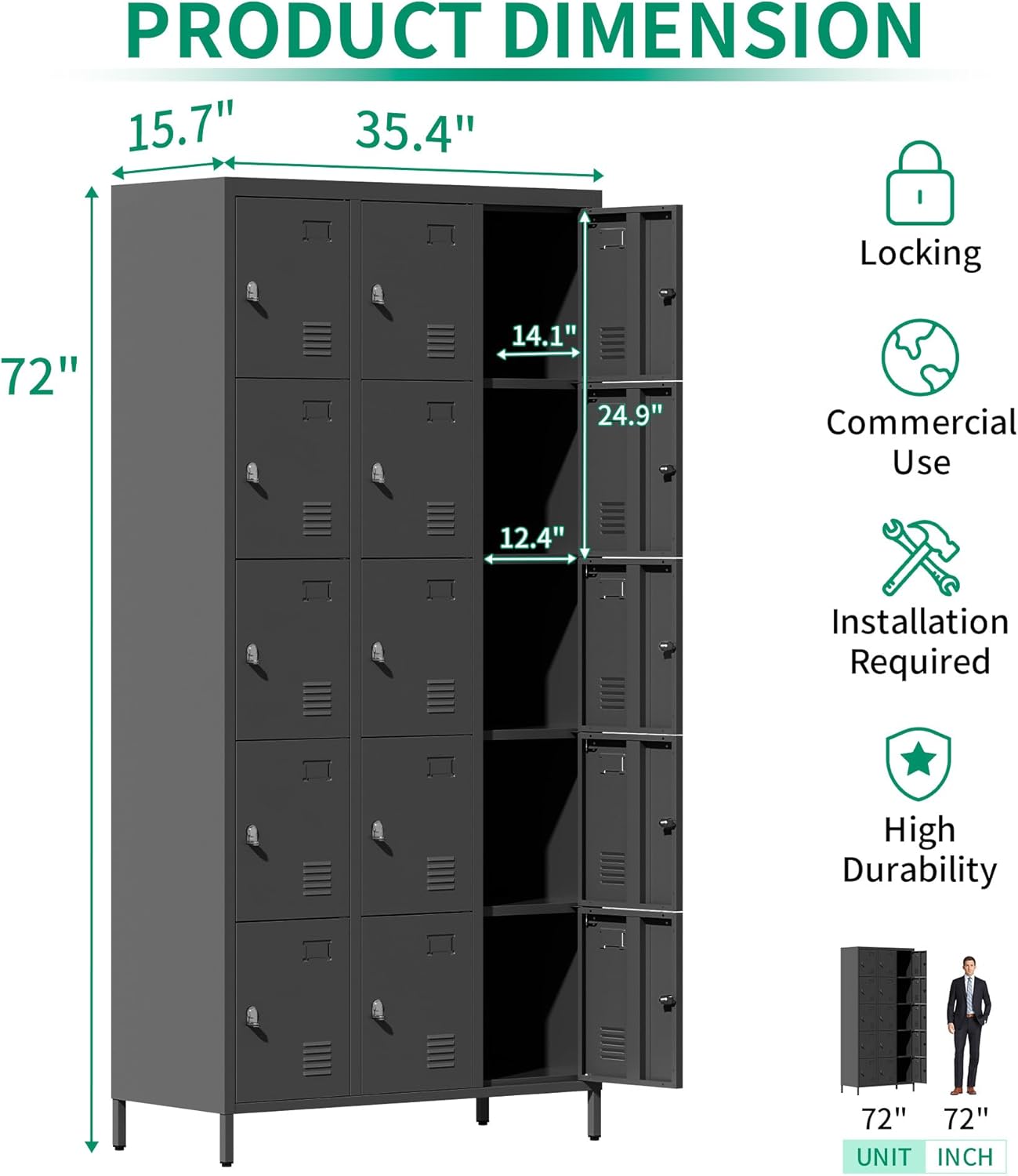 Metal Lockers for Employees, Storage Employee Locker, 72" Storage Lockers with Shelves Steel Cabinet for Home (Black, 15 Door)