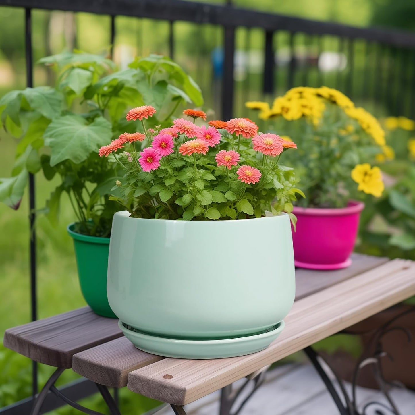 G EPGardening Ceramic Pots for Plants - 9 Inch Ceramic Planter with Drainage and Saucer, Round Planter for Indoor Outdoor Plants, Modern Flower Pots, Garden Decor, Birthday Gifts, Green