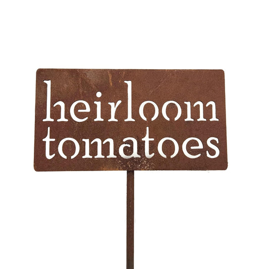 Classic Metal Garden Markers 19 Inches Tall (heirloom tomatoes, Naturally Rusted)