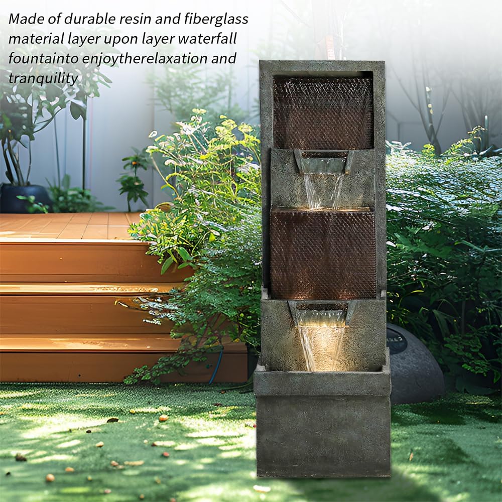 39.3”H Outdoor Garden Waterfall Fountain-Indoor Water Fountain with LED Lights, for Gardens, Landscaping, Patios, Balconies, Office,and Lawns for a Calming Oasis in Outdoor Living Art Decor