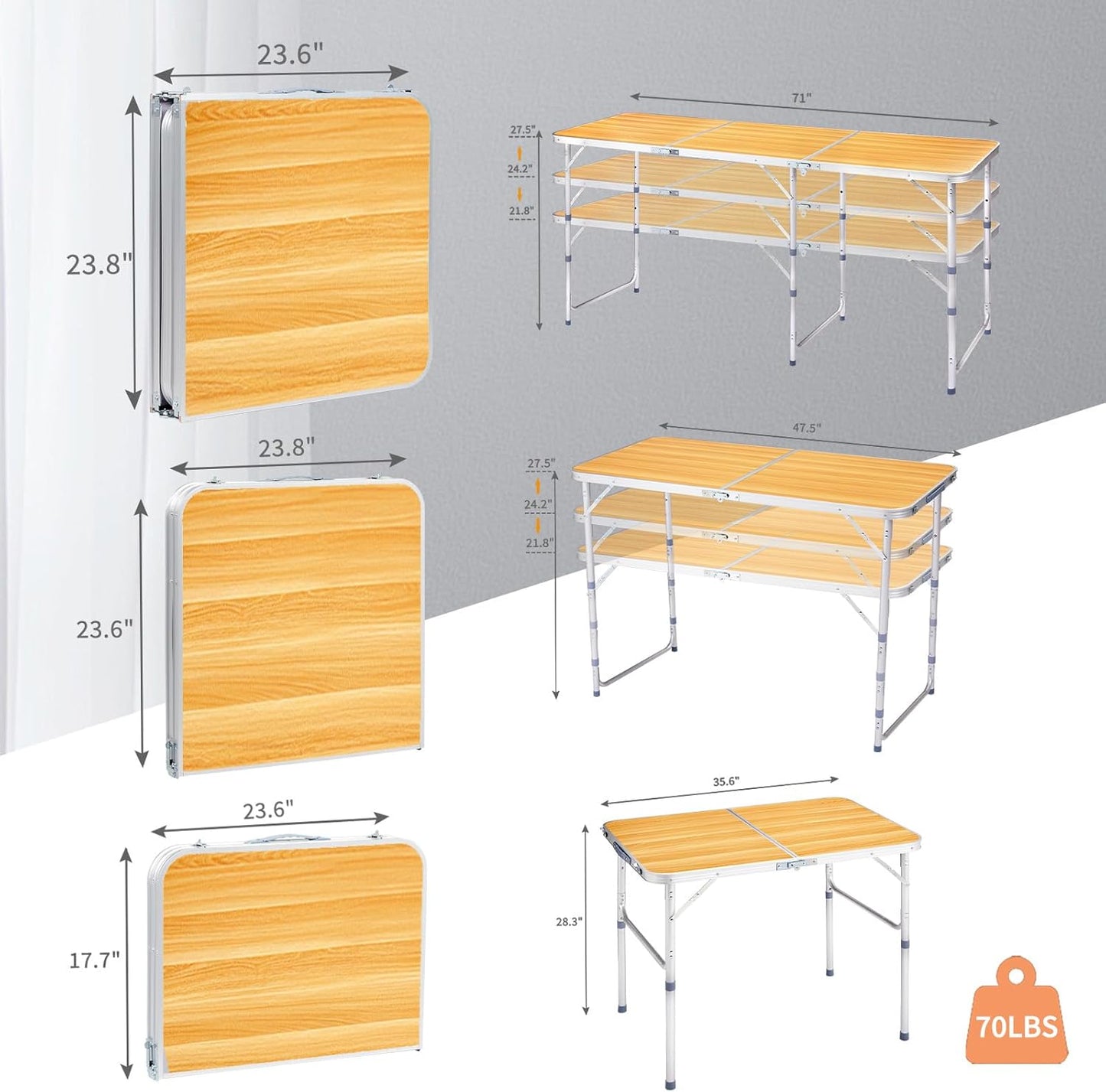 6.0 Ft Folding Portable Camping Table with Three Adjustable Heights, Tri-fold Outdoor Table, Outdoor Camping Kitchen, BBQ, Dining, Picnic, Cooking, Beach, Garden, Yellow