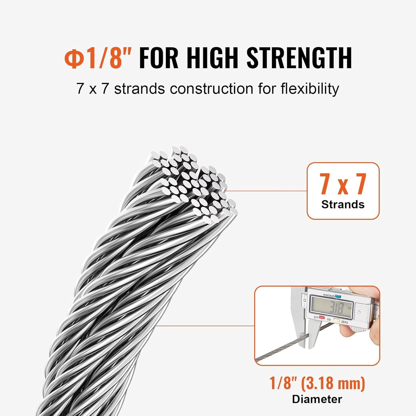 VEVOR Wire Rope Kit, 1/8" 100 ft 304 Stainless Steel Cable with 124 Accessories, 1600 lbs Breaking Strength, 7x7 Strands Construction Marine Aircraft Grade for Handrail Stair Decking Fence Outdoors