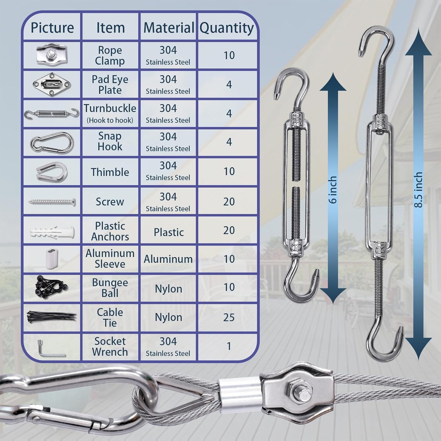Shade Sail Hardware Kit 6 inch turnbuckles for Triangle Rectangle Sun Shade Sail Outdoor Installation turnbuckles for Cables Wire for Outdoor,Garden,Kitchen,Craft,118PCS