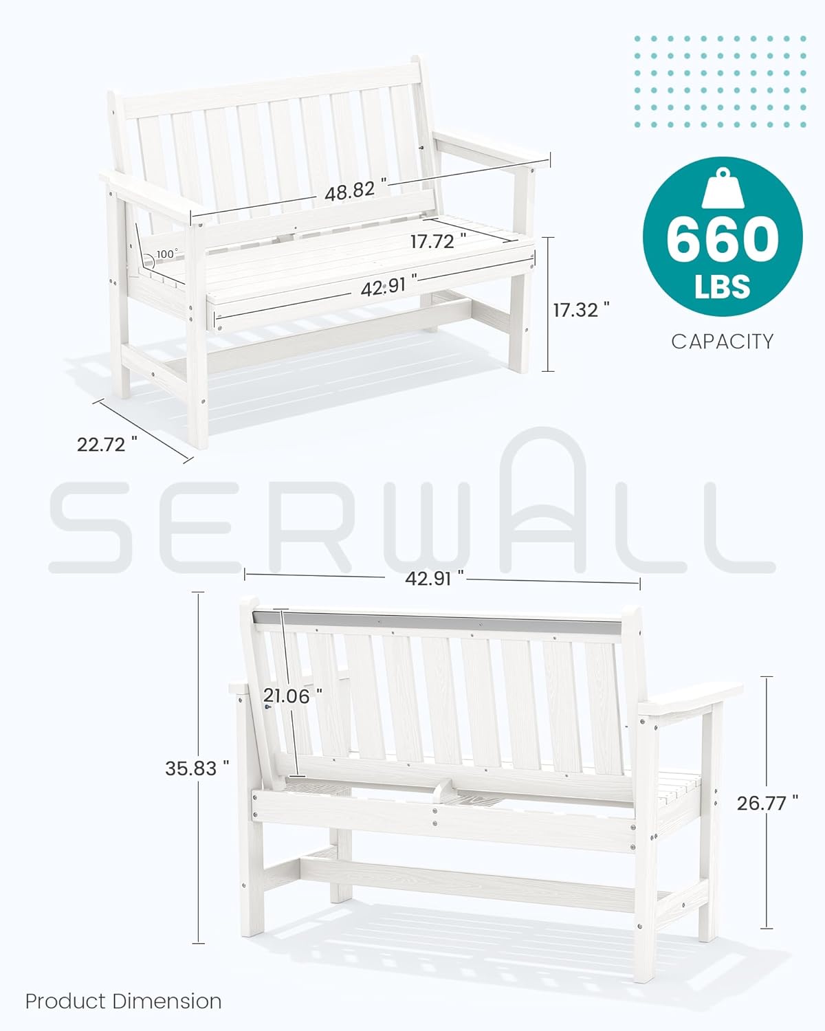 SERWALL Outdoor Bench, HDPE Outdoor Benches Weatherproof, 2-Person Garden Bench with 660 lbs Weight Capacity, Patio Benches for Outdoors, Garden, Porch, Backyard and Park, White, 6 Pack