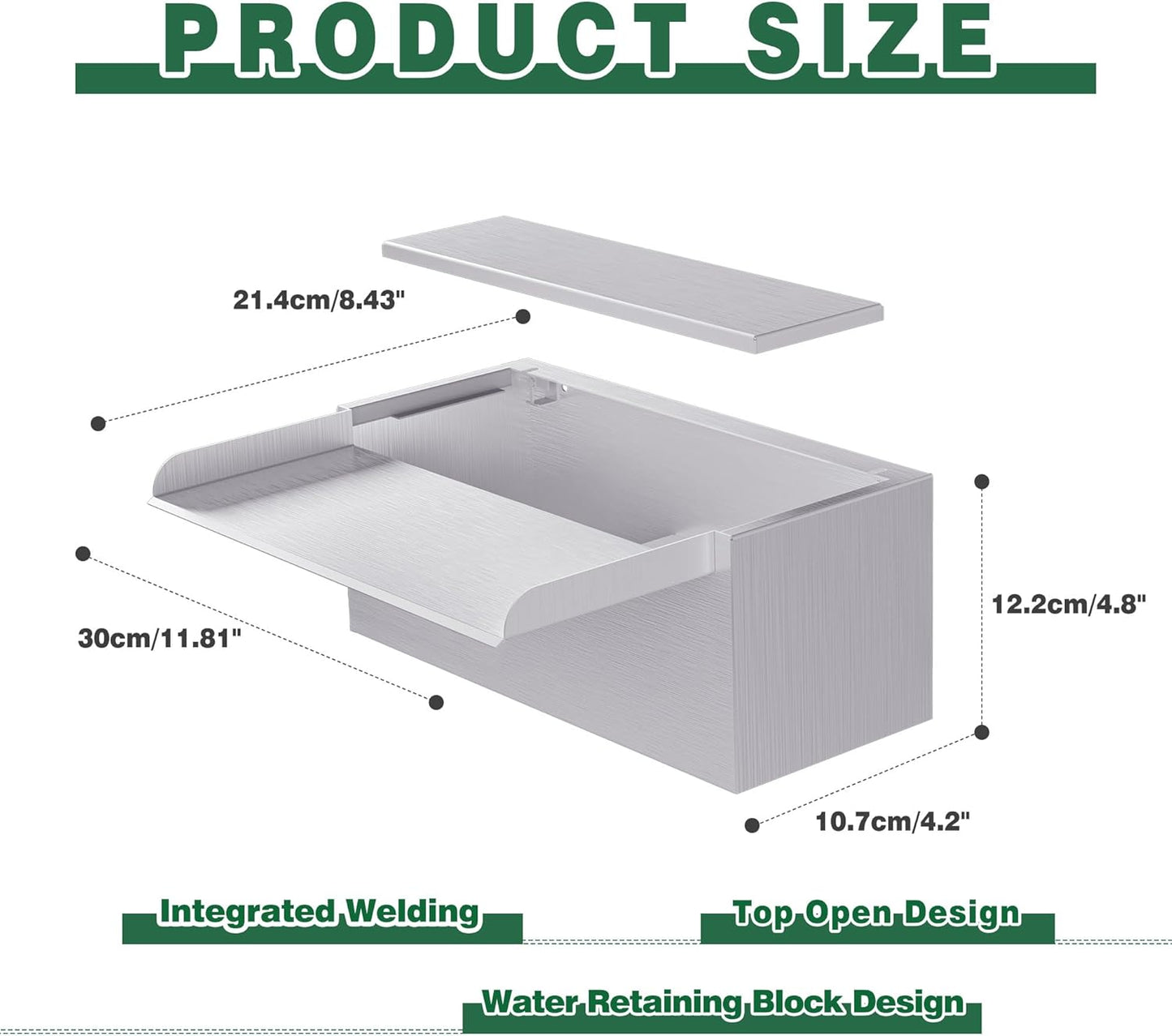 Pond Waterfall Spillway LONGRUNNEW 304 Stainless Steel 11.8" Rectangular Waterfall Spillway, Water Fall Fountain with Pipe Connector for Garden Outdoor, Swimming Pools, Fountains, Pond and Spa