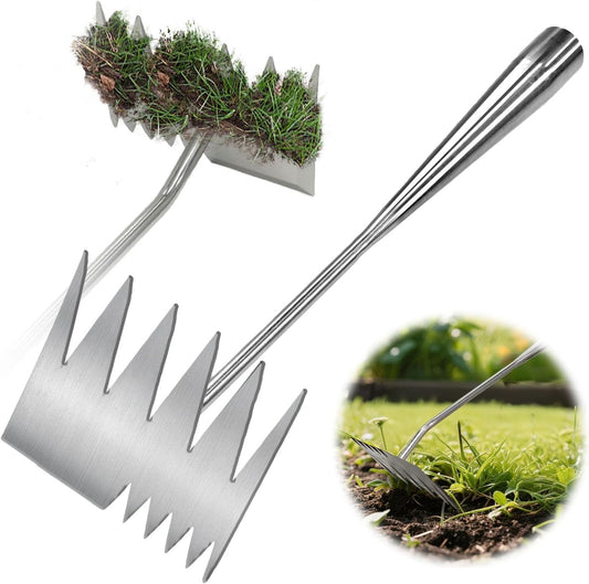 2025 Upgraded Weed Puller Tool,Portable Garden Weed Rake Uprooting Weeding Tool with Handle,6 Tooth Manganese Steel Manual Weeder Remover Tool for Gardening Backyard Farm Planting & Weeding