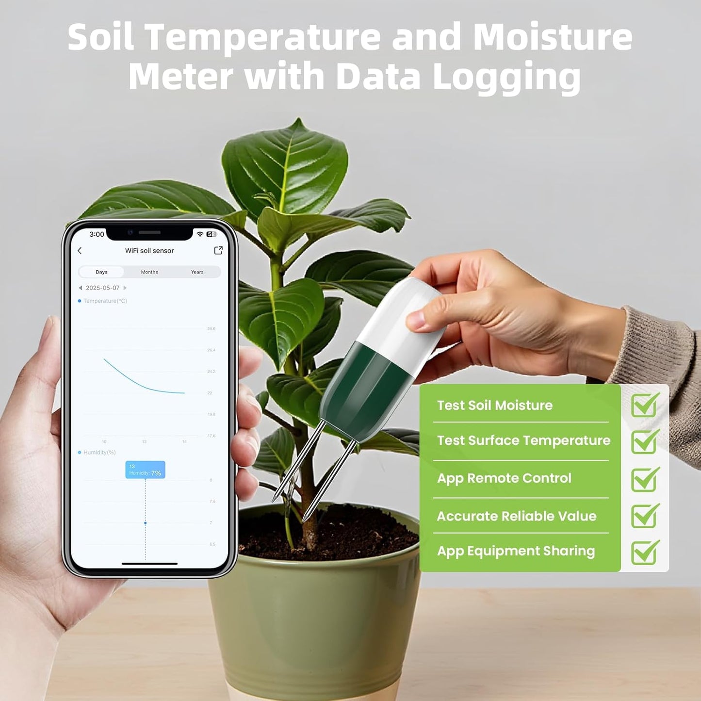 Moisture Meter Plants, Soil Meter, Wireless WiFi Soil Moisture Sensor, 2-in-1 Soil Moisture Meter, WiFi, Garden, Lawn, Potted Plants Care