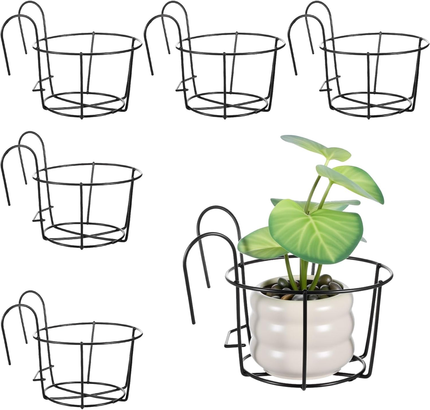 6 PCS Hanging Railing Planter, Balcony Hanging Planters, Metal Railing Planter - Black Iron Flower Pot Holders for Outdoor, Garden, Fence, Porch