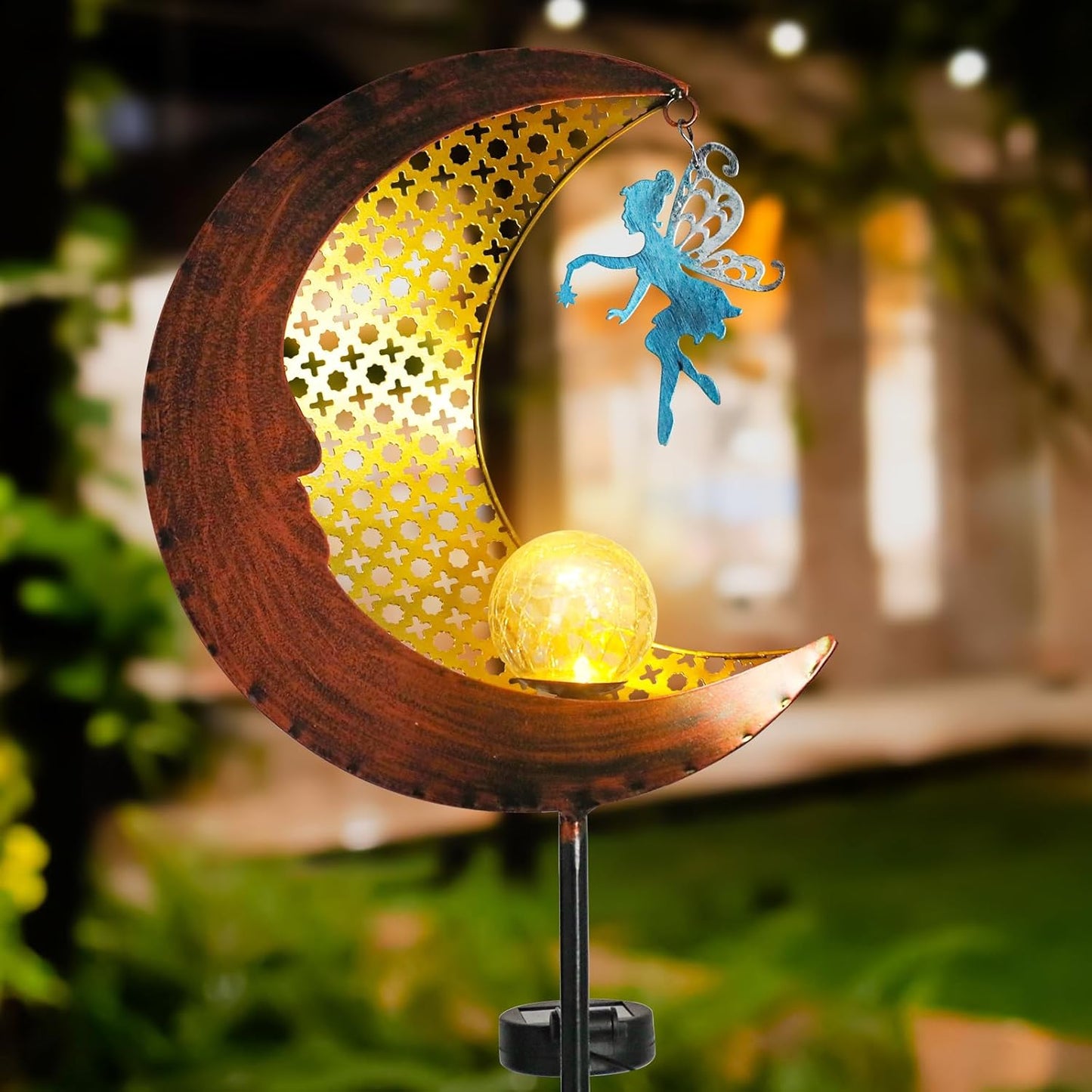 Bshine Moon Solar Light Outdoor Garden Decoration, Moon Fairy Garden Statue Outdoor Decor,Metal Waterproof Light Stake for Patio, Path, Yard and Lawn Ornament, Housewarming Gift for Mom,Bronze