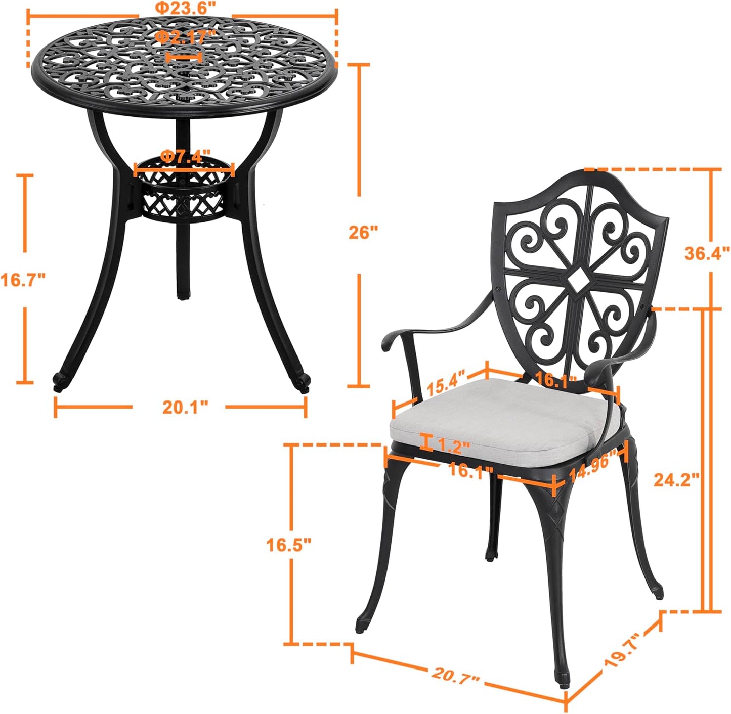 NUU GARDEN Bistro Set 3 Piece Outdoor, Cast Aluminum Patio Bistro Sets with Umbrella Hole and Grey Cushions, Bistro Table and Chairs Set of 3 for Patio Backyard, Black