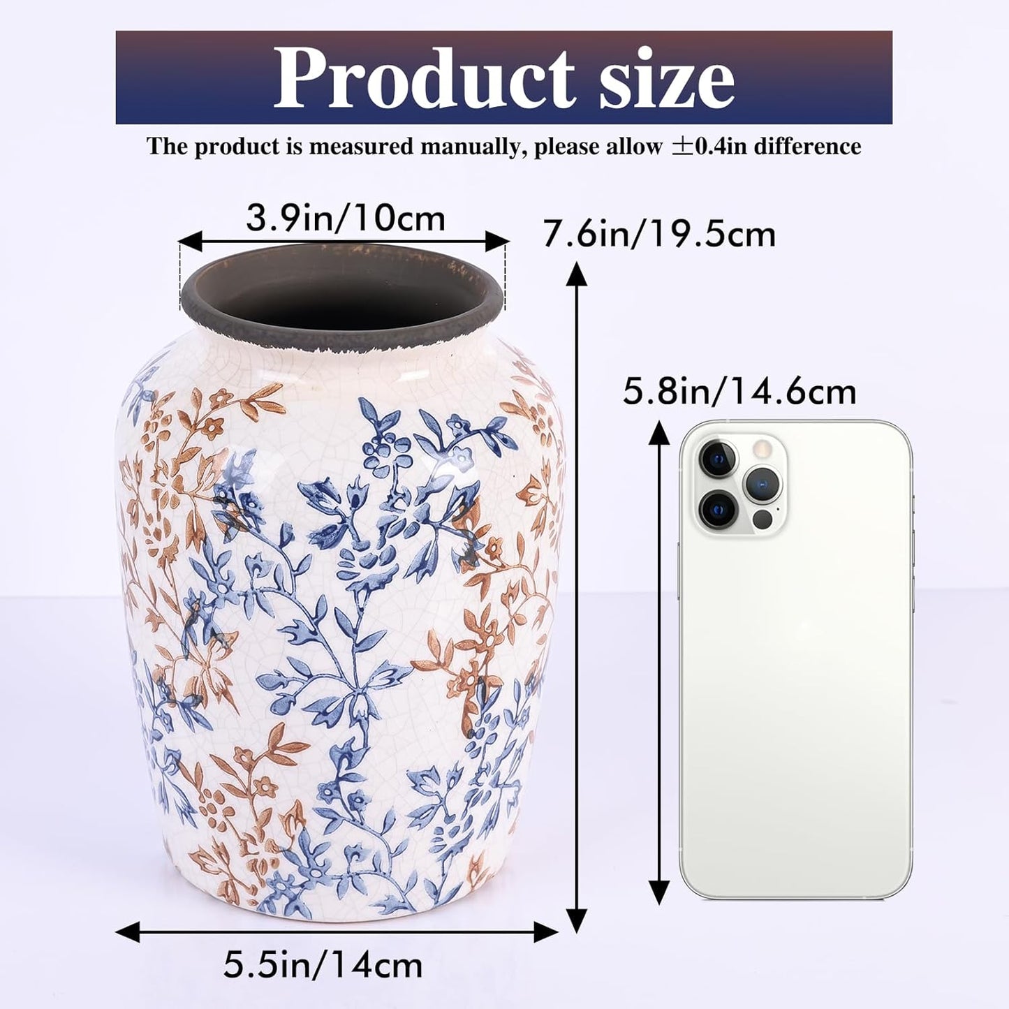 Vintage Vase for Flowers,Blue Chinoiserie Ceramic Vase,Rustic Farmhouse Cracked Vases,for Flower Arrangement,Living Room, Office, Shelf, Fireplace Tables,Centerpieces,Chinoiserie Pottery Decor(C)