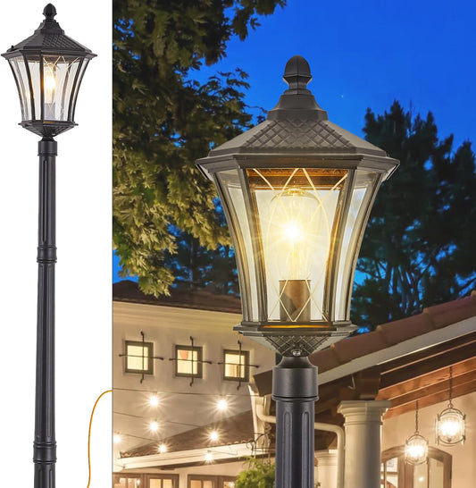 Outdoor Lamp Post Lights with Outlet, Dusk to Dawn Pole Lamp with Patterned Glass, Aluminum Waterproof Outside Street Lights, Hardwired Black Light Pole for Backyard, Garden, Driveway