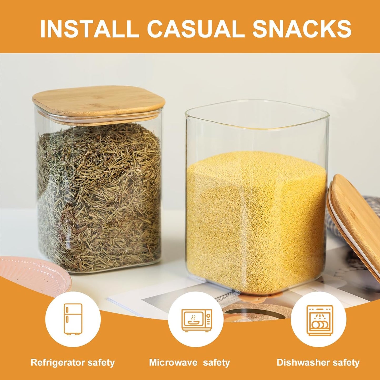 Glass Food Storage Jars 108oz Set of 2,Glass Storage Containers Clear Glass Food Canister with Bamboo Lid Airtight For Serving Tea, Coffee, Flour, Sugar, Candy, Cookie, Spice and More (Square)