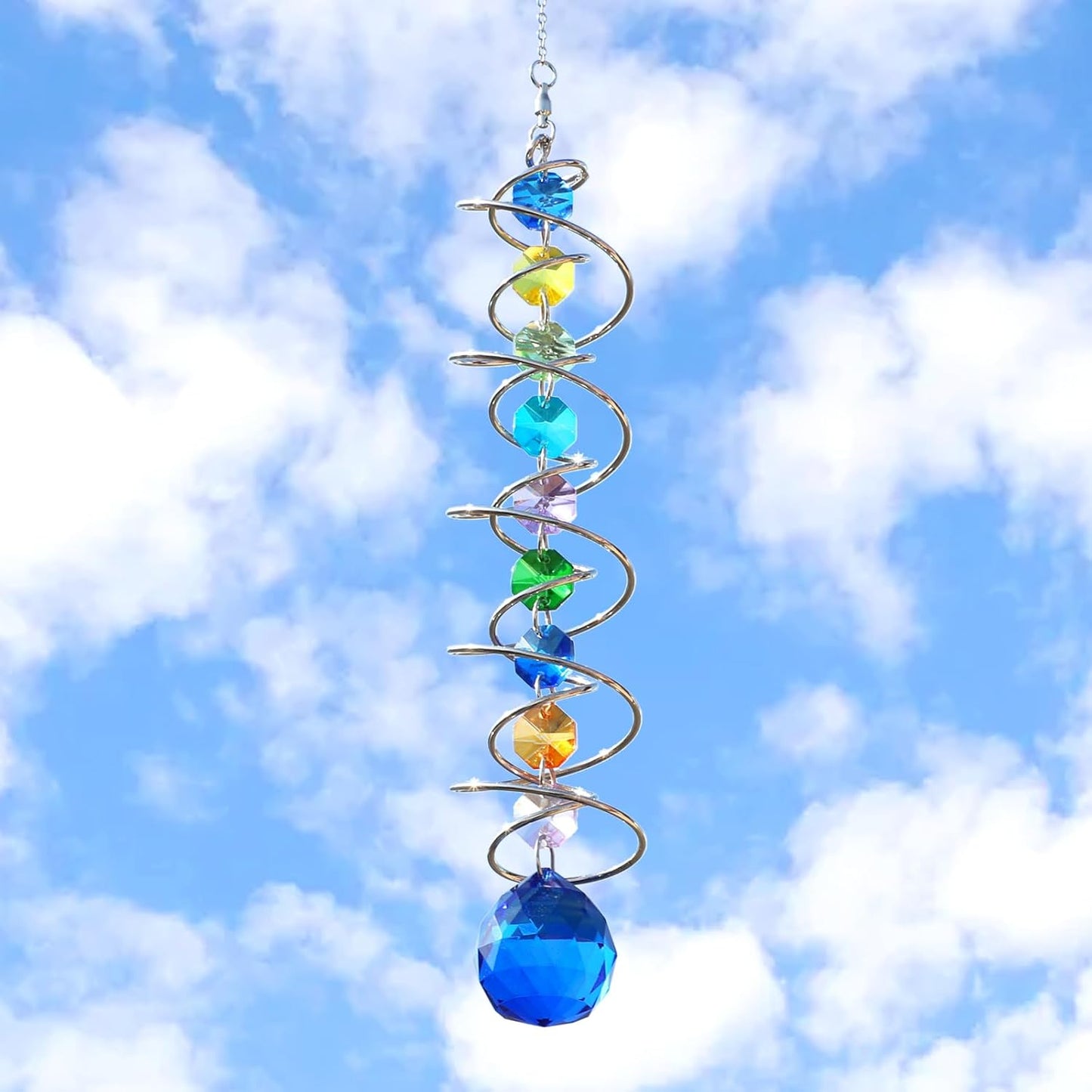 Sun Catchers Gazing Ball Spiral Tail Wind Spinner with Crystal Suncatcher for Hanging Ornaments Decorative Indoor Outdoor Windows Prism Rainbow Maker Car Mirror Home Yard Garden Decor