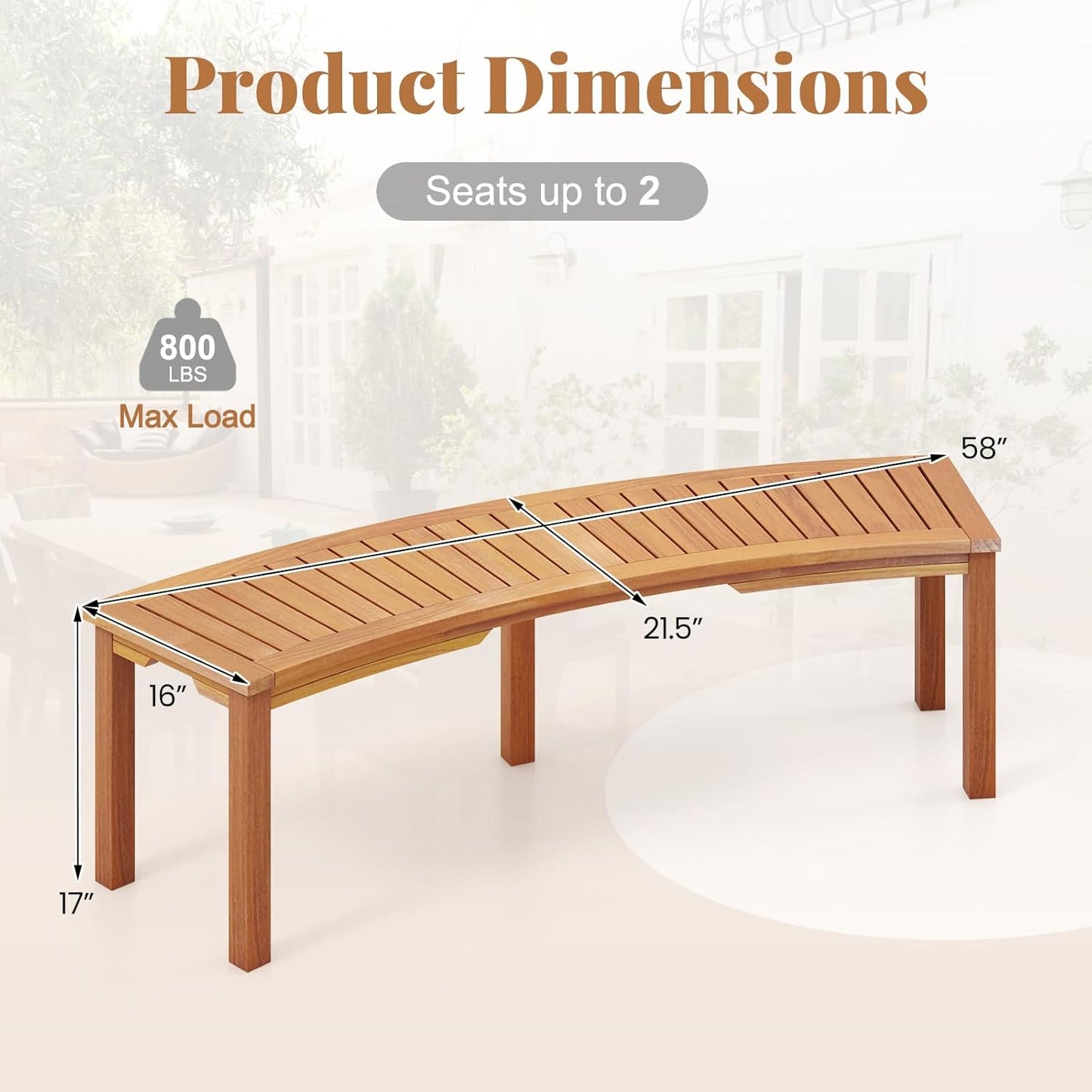 Tangkula Outdoor Curved Bench, Acacia Wood Fire Pit Bench w/Slatted Seat, Patio Backless 2-Person Seating for Porch, Yard, Garden, 800 LBS Max Load, Oil Painted (1, 58")