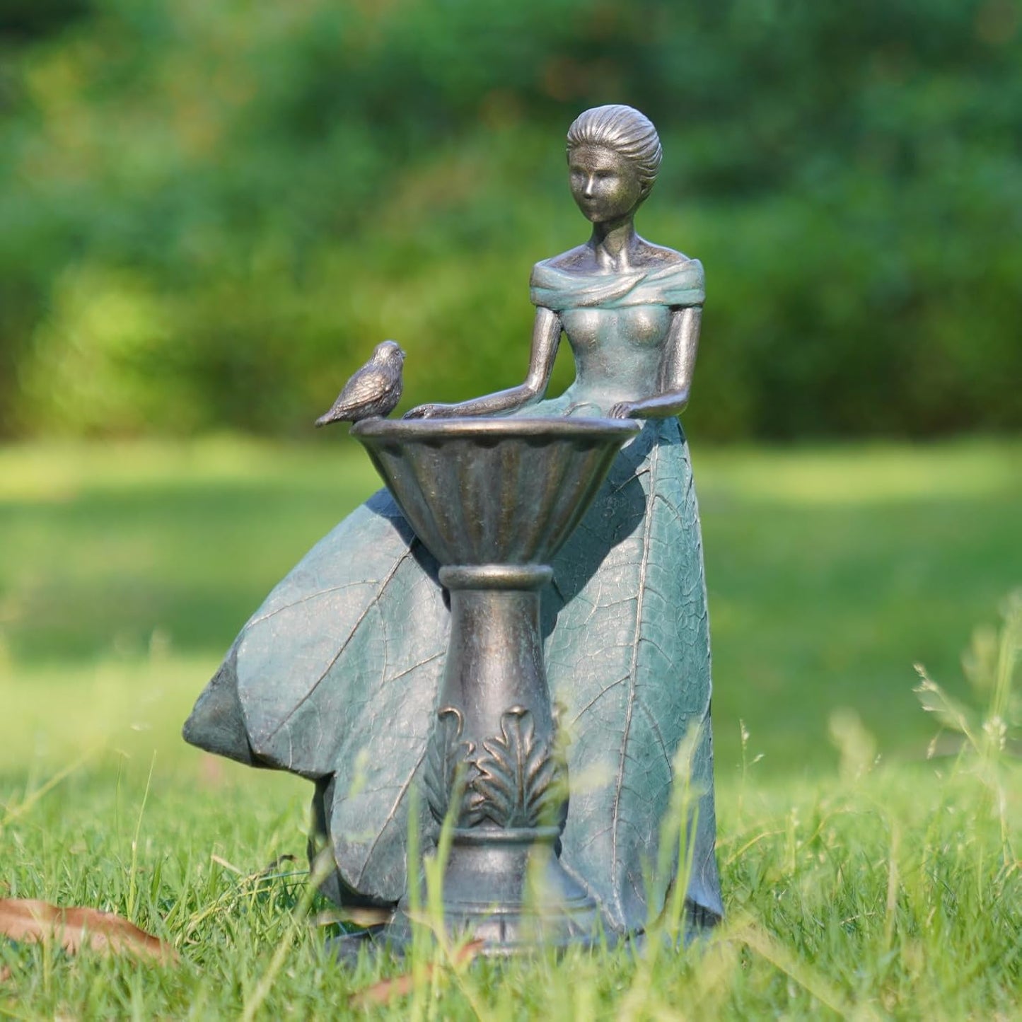 DiliComing Fairy Outdoor-Statues Garden-Decor with Solar - 12 Inch Resin Leaf Girls Birdbath Sculpture Waterproof Outdoor Decor for Patio/Yard, Unique Bird Feeder Figurines Home Decor Gifts for Women