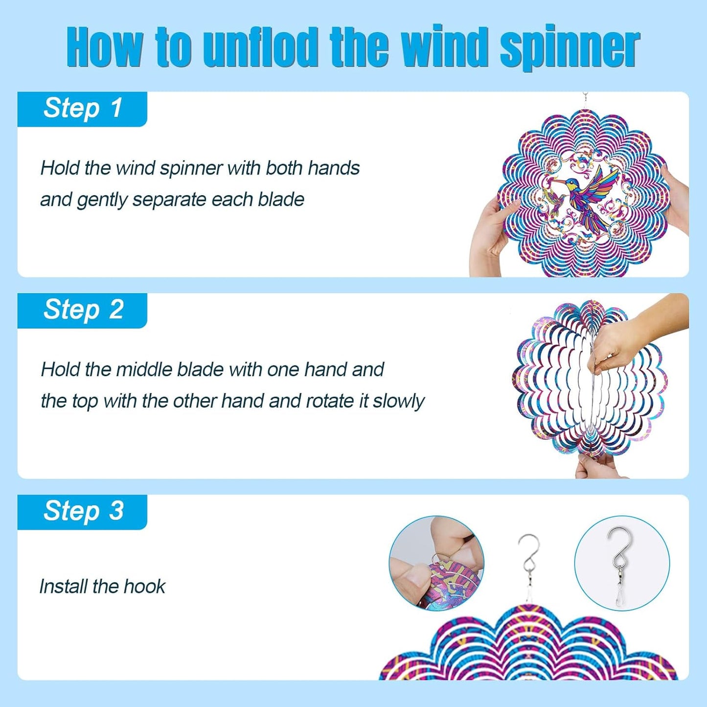 Wind Spinners Outdoor, Hummingbird Metal 3D Hanging Garden Decor, 12-inch Stainless Steel Wind Spinner with Tail Spinner, Wind Sculptures for Patio Lawn Yard, Ornament Gift for Women/Men