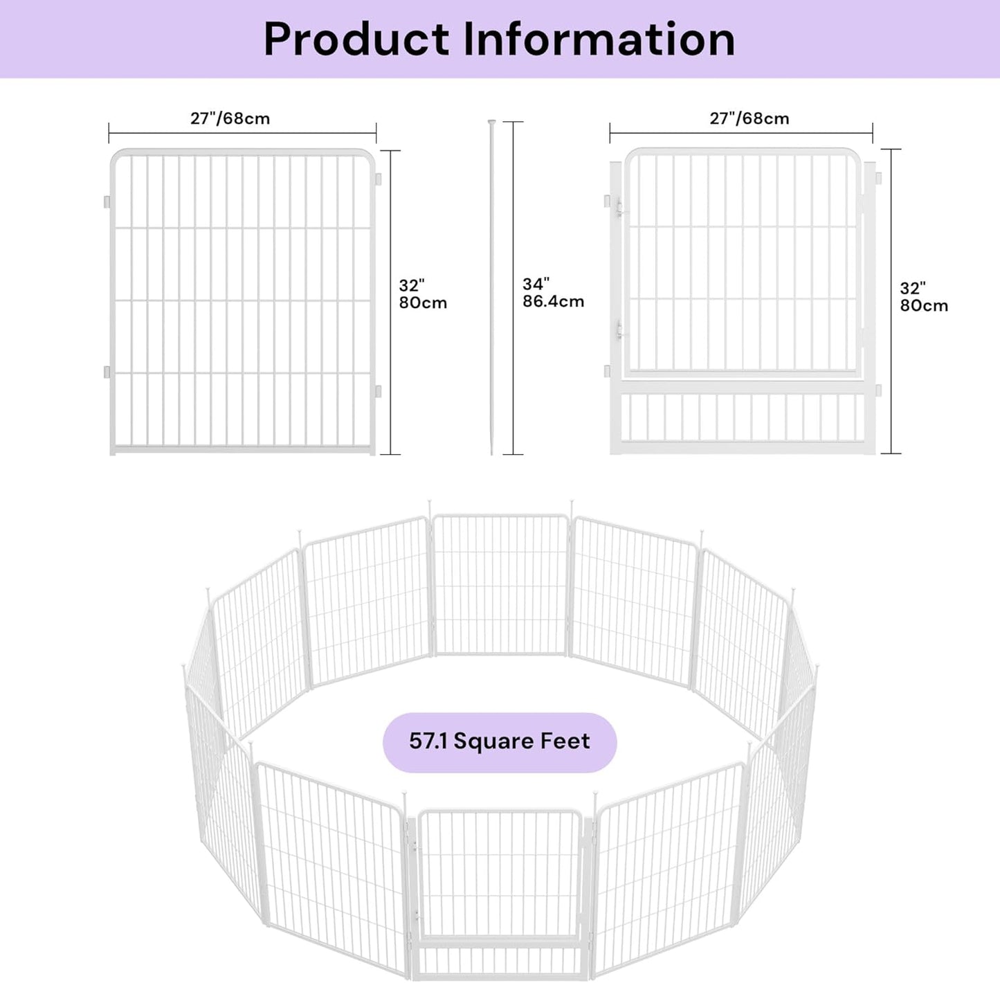 Decorative Garden Fence with Gate 32 in(H) x 26.8 ft(L) 12 Panels, Heavy Duty Metal Animal Barrier Fence for Yard, Flower Bed Fencing, Garden Border Fence, Easy Set Up, White